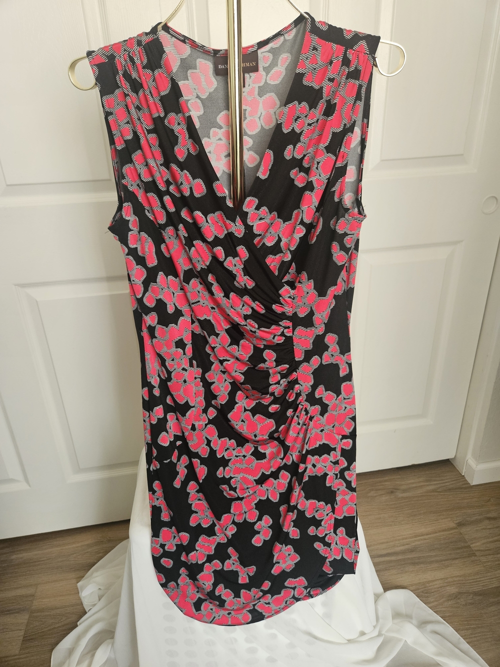 Black Faux Wrap Dress with Hot Pink Floral Print